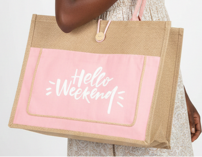 Hello Weekend Burlap Tote Bag