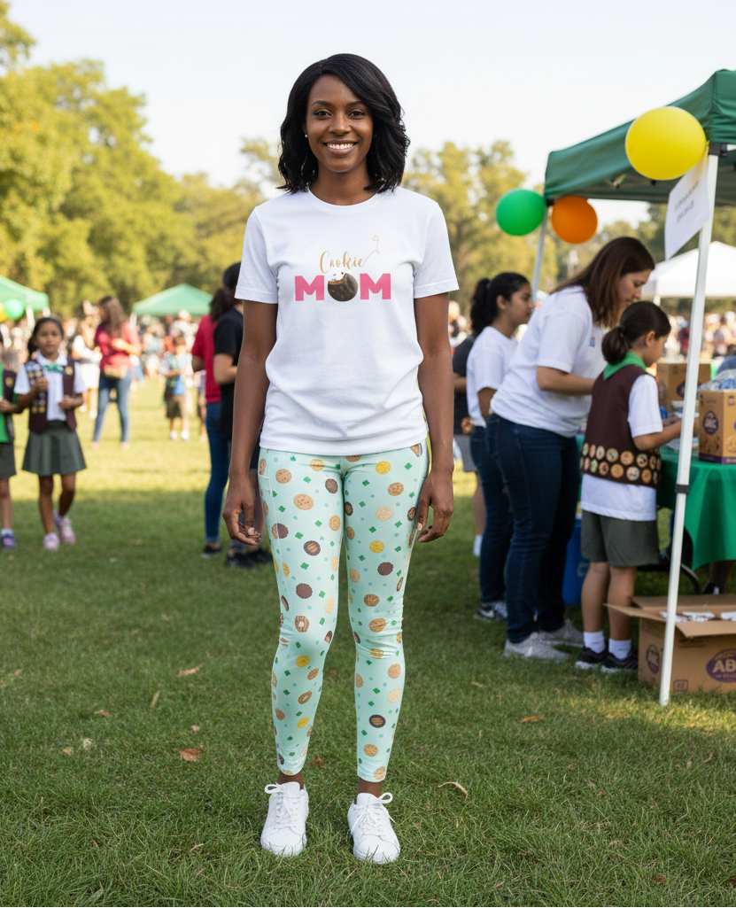 Woman in a white t-shirt and colorful leggings standing outdoors at an event with greenery and people in the background.