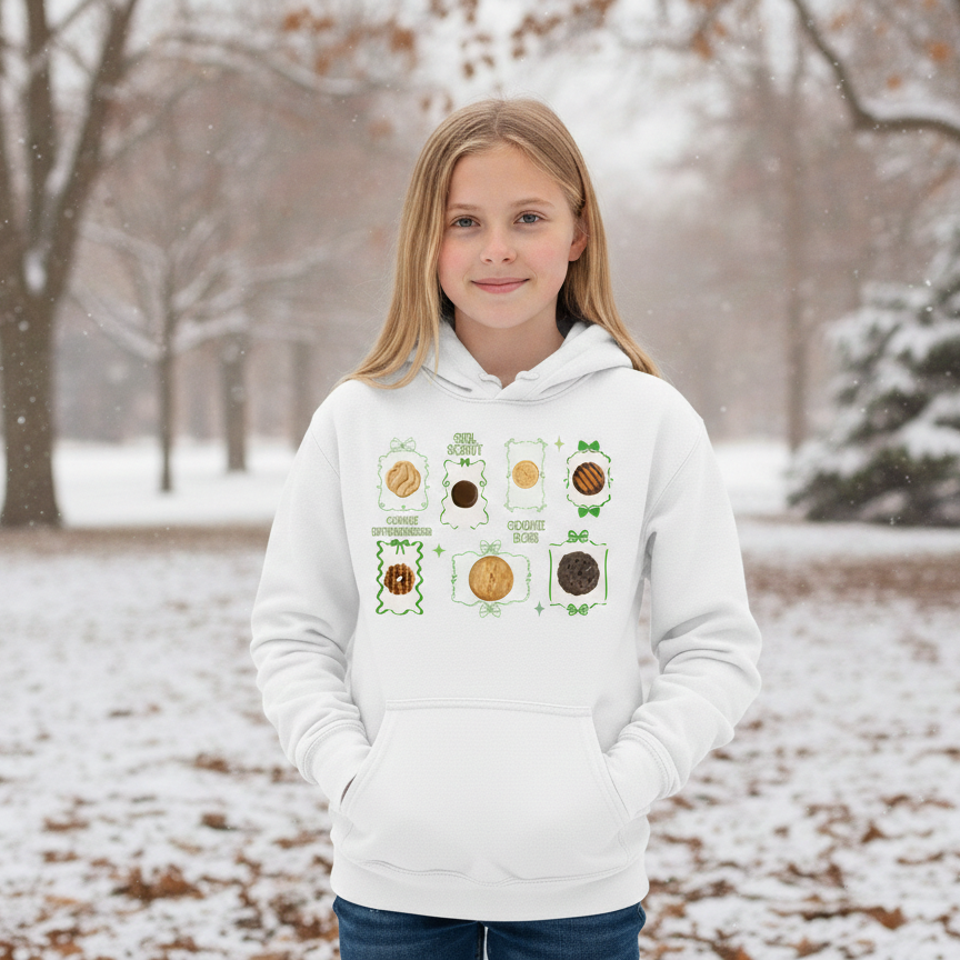 Person wearing a white hoodie with a graphic design in a snowy outdoor setting