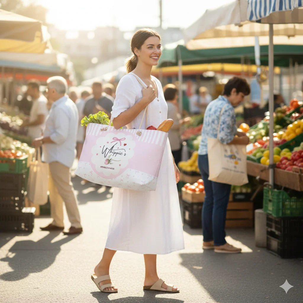 Woman walking with a reusable shopping bag at an outdoor market.