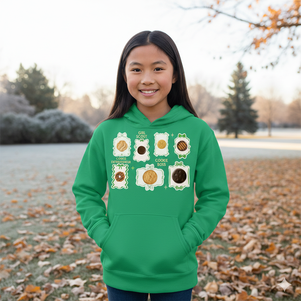 Person wearing a green hoodie with cookie designs outdoors in autumn.
