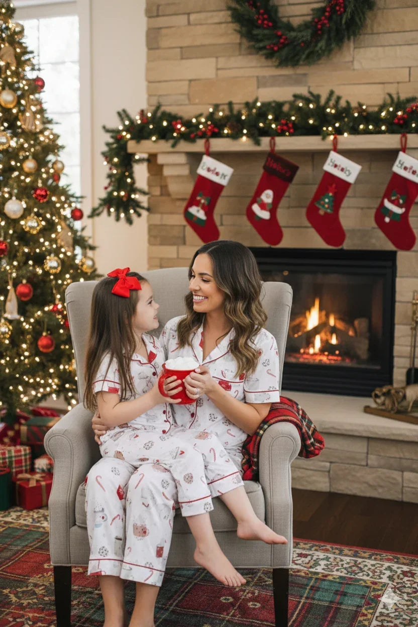 Woman and child in matching pajamas sitting on a chair in front of a fireplace with Christmas stockings and tree.