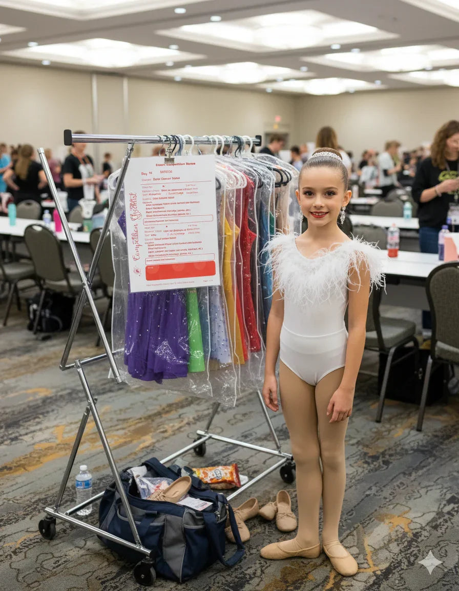 Young dancer in a white costume standing next to a rack of costumes in changing room at a Dance Competition with her Dance Compeition Checklist