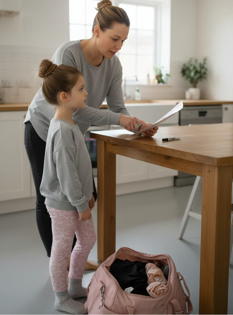 Woman and child in a kitchen looking at a Universal Dance Bag Checklist on a table.