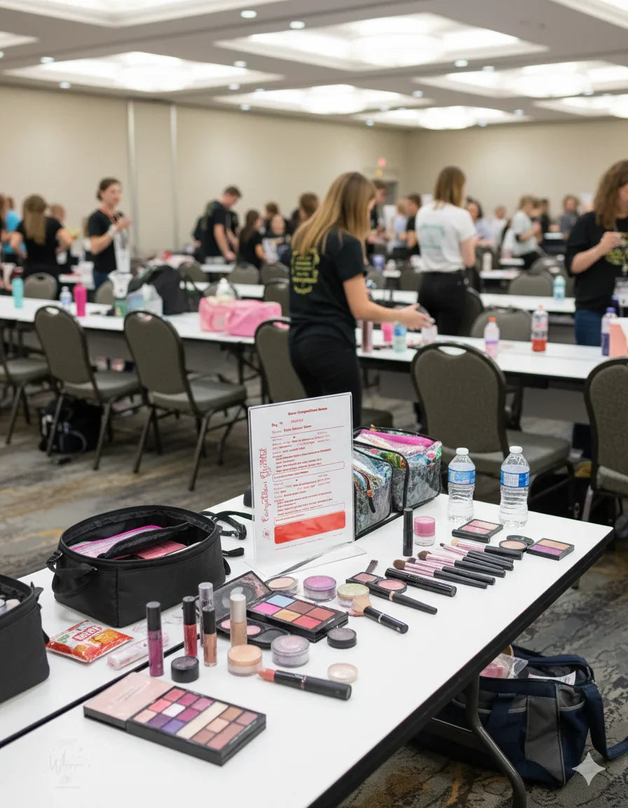 Makeup products on a table with people in the background in a conference room setting Dance Competition Checklist displayed on the table