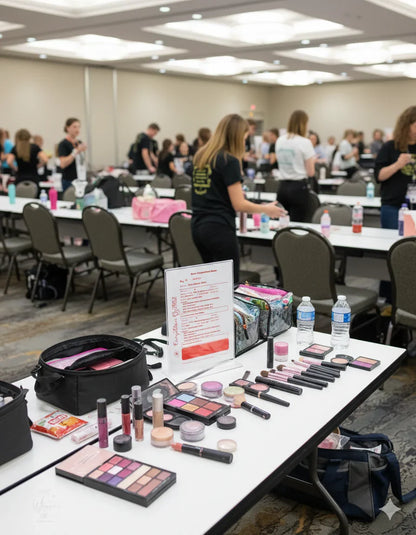 Makeup products on a table with people in the background in a conference room setting Dance Competition Checklist displayed on the table
