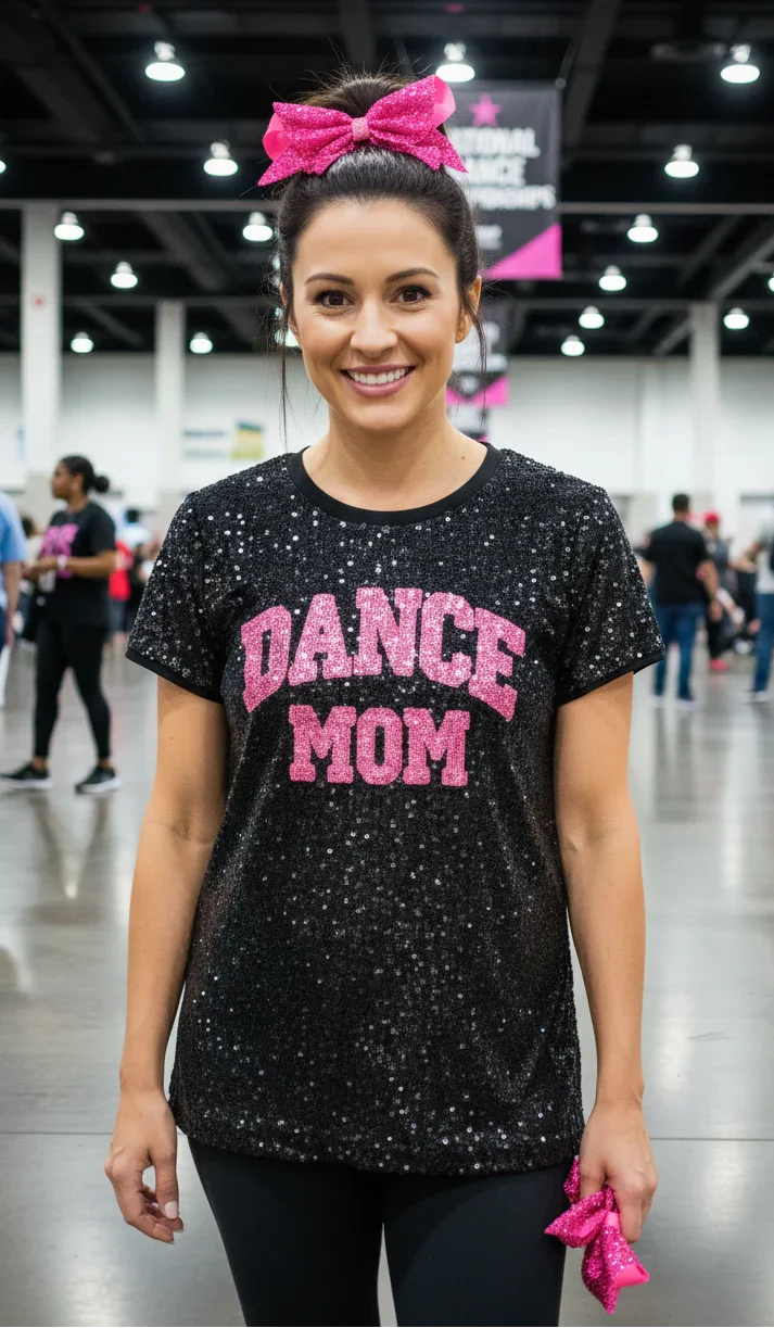 Woman wearing a black 'DANCE MOM' shirt with pink text in a convention center setting.