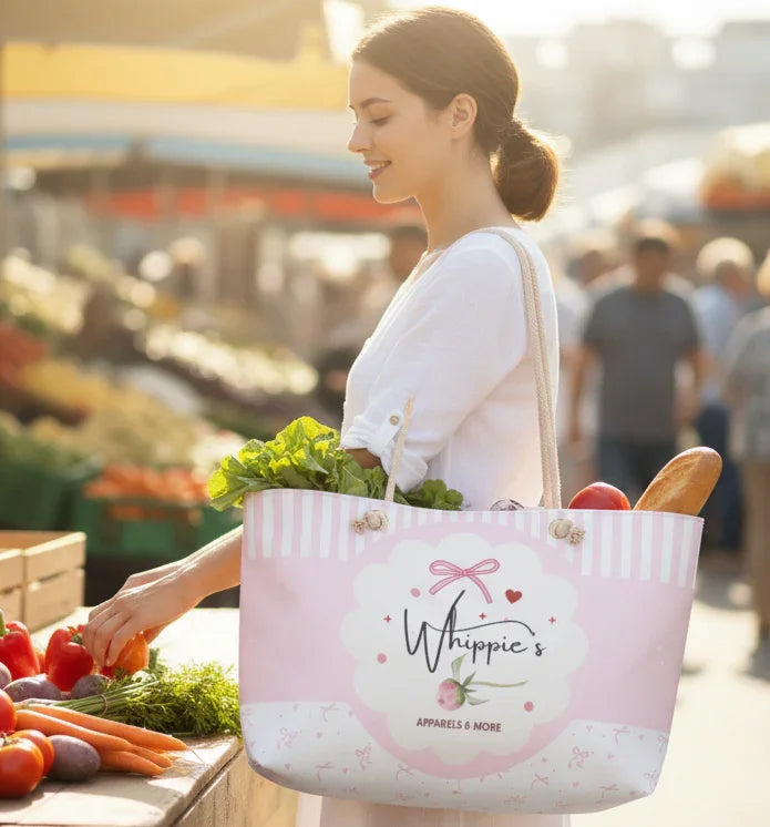 Woman at a farmers market with a large pink tote bag labeled 'Whippie's' filled with groceries.