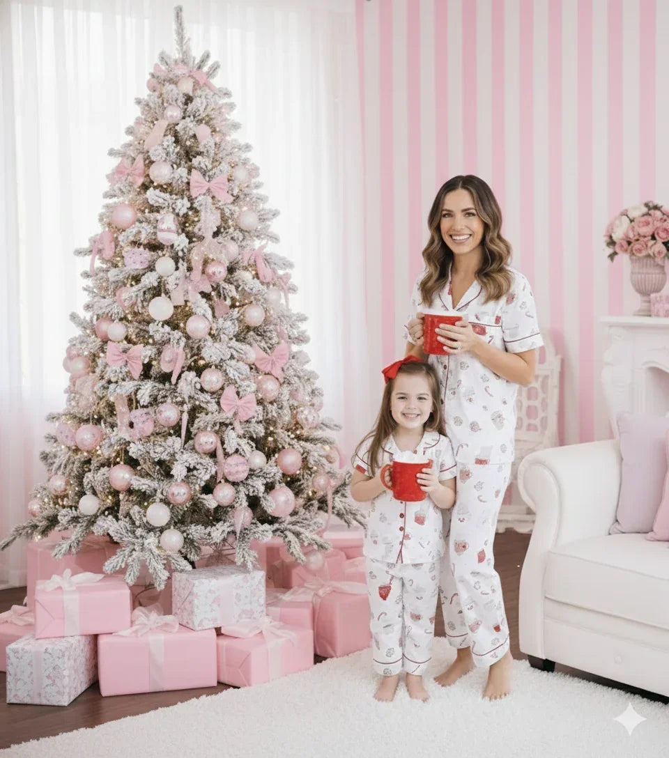 Woman and child in matching pajamas holding red mugs in a room with a decorated Christmas tree and presents.