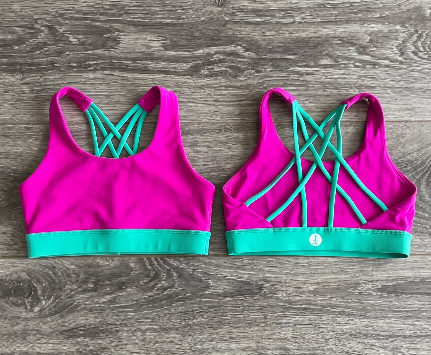 mockup of  horizon girls dancewear hot pink top with teal cross straps front and back