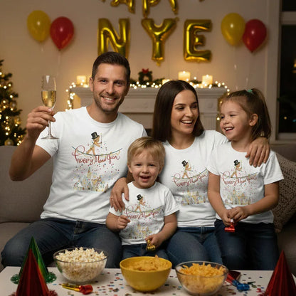 Family celebrating New Year's Eve with champagne, popcorn, and decorations wearing family matching tees