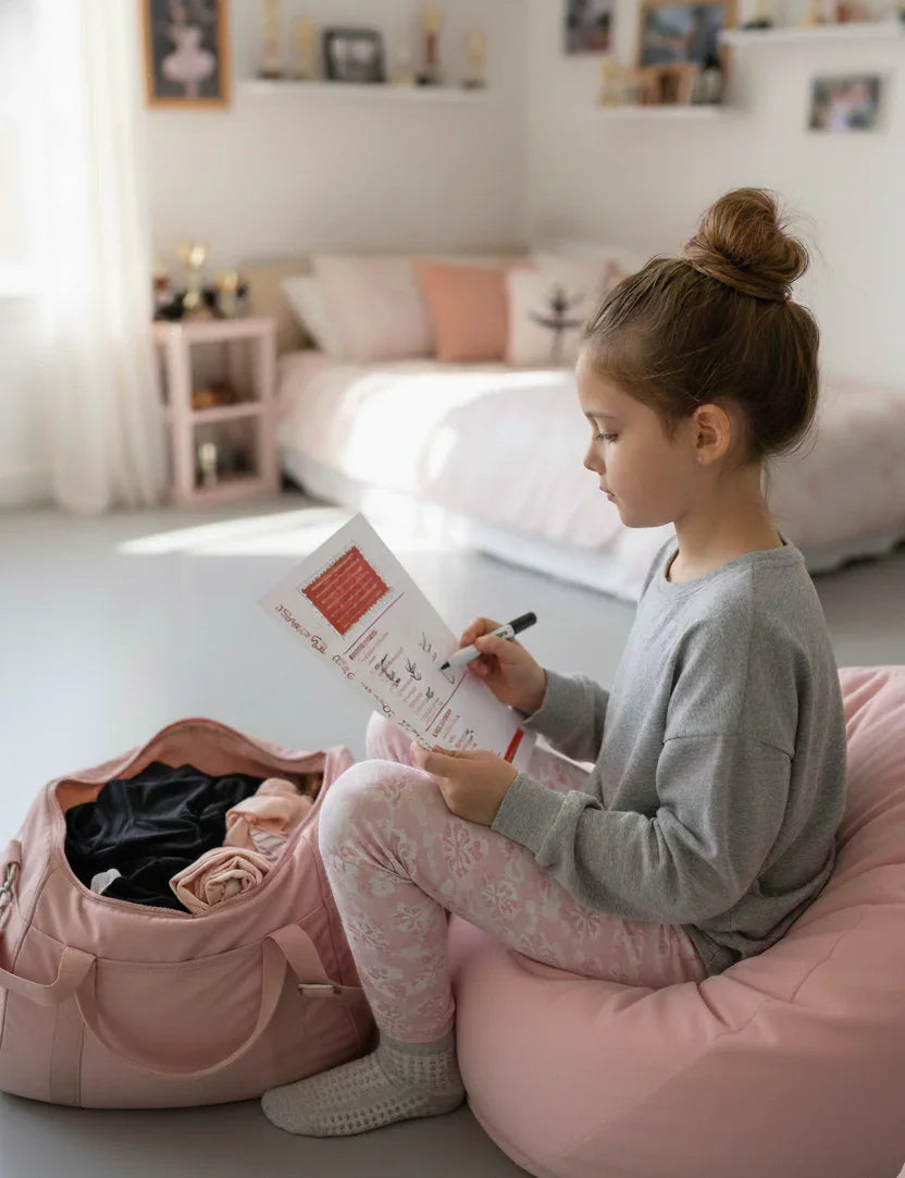Child sitting on a pink bean bag packing her dance bag using her Universal Dance Bag Checklist in a bedroom.