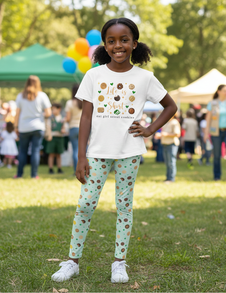 Young girl wearing a white t-shirt with text and colorful leggings in a park setting