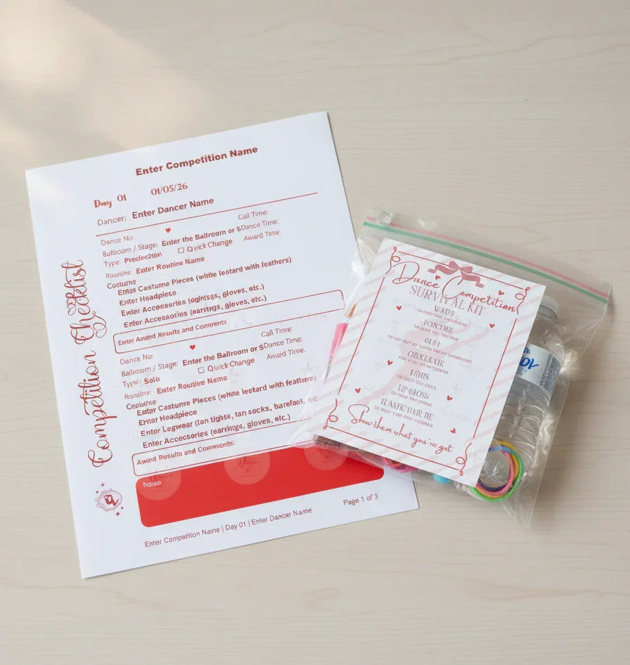 Competition checklist and dance Survival Kit card on a light surface