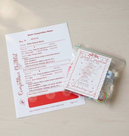 Competition checklist and dance Survival Kit card on a light surface
