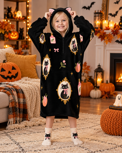 Halloween Blanket Hoodie | Black Cat Kids Wearable Blanket