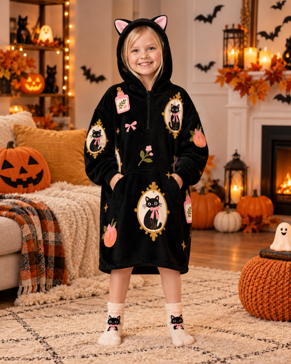 Halloween Blanket Hoodie | Black Cat Kids Wearable Blanket