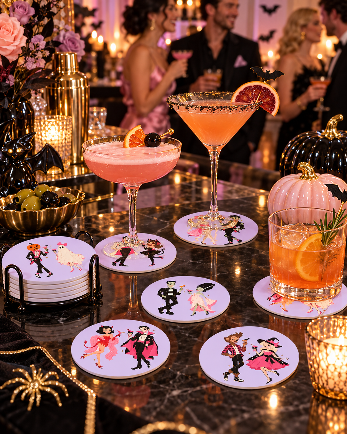 Halloween Coaster Set | Retro Cocktail Ceramic Coasters