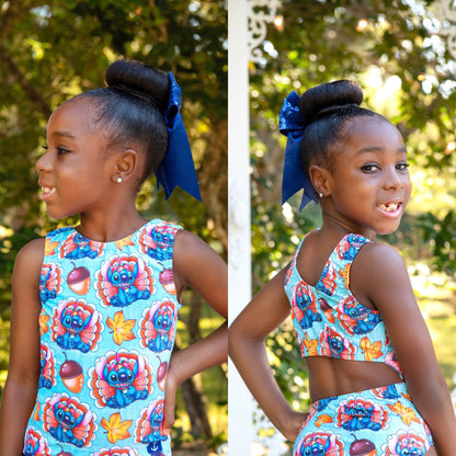 Thanksgiving Leotard | Turkey Stitch: Model wearing front and open-back views outdoors