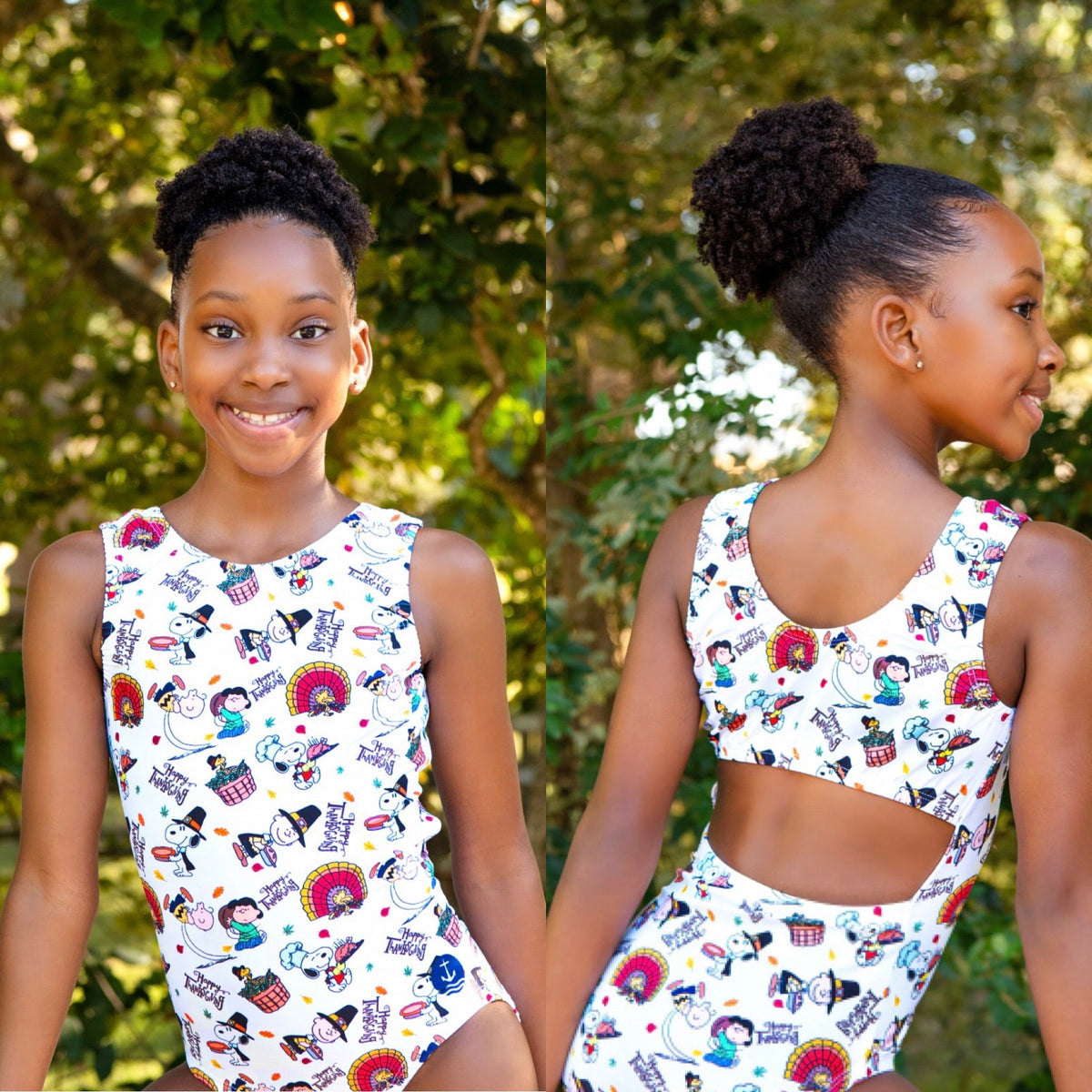 Thanksgiving Leotard | Snoopy & Friends: Model wearing front and open-back views outdoors