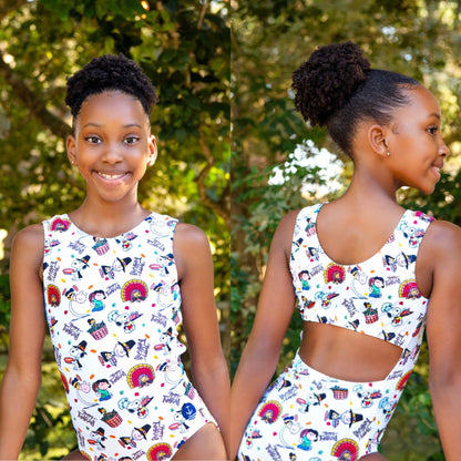 Thanksgiving Leotard | Snoopy & Friends: Model wearing front and open-back views outdoors