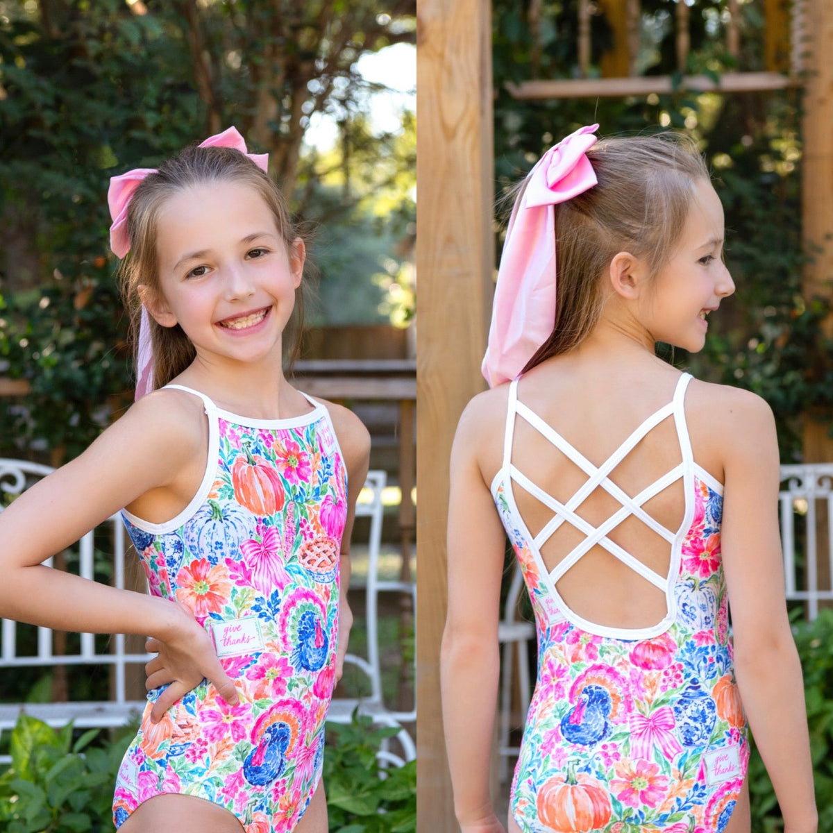 Thanksgiving Leotard | Preppy Thankful-Giving: Model wearing front and crisscross-back views outdoors