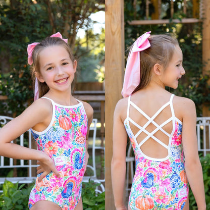 Thanksgiving Leotard | Preppy Thankful-Giving: Model wearing front and crisscross-back views outdoors