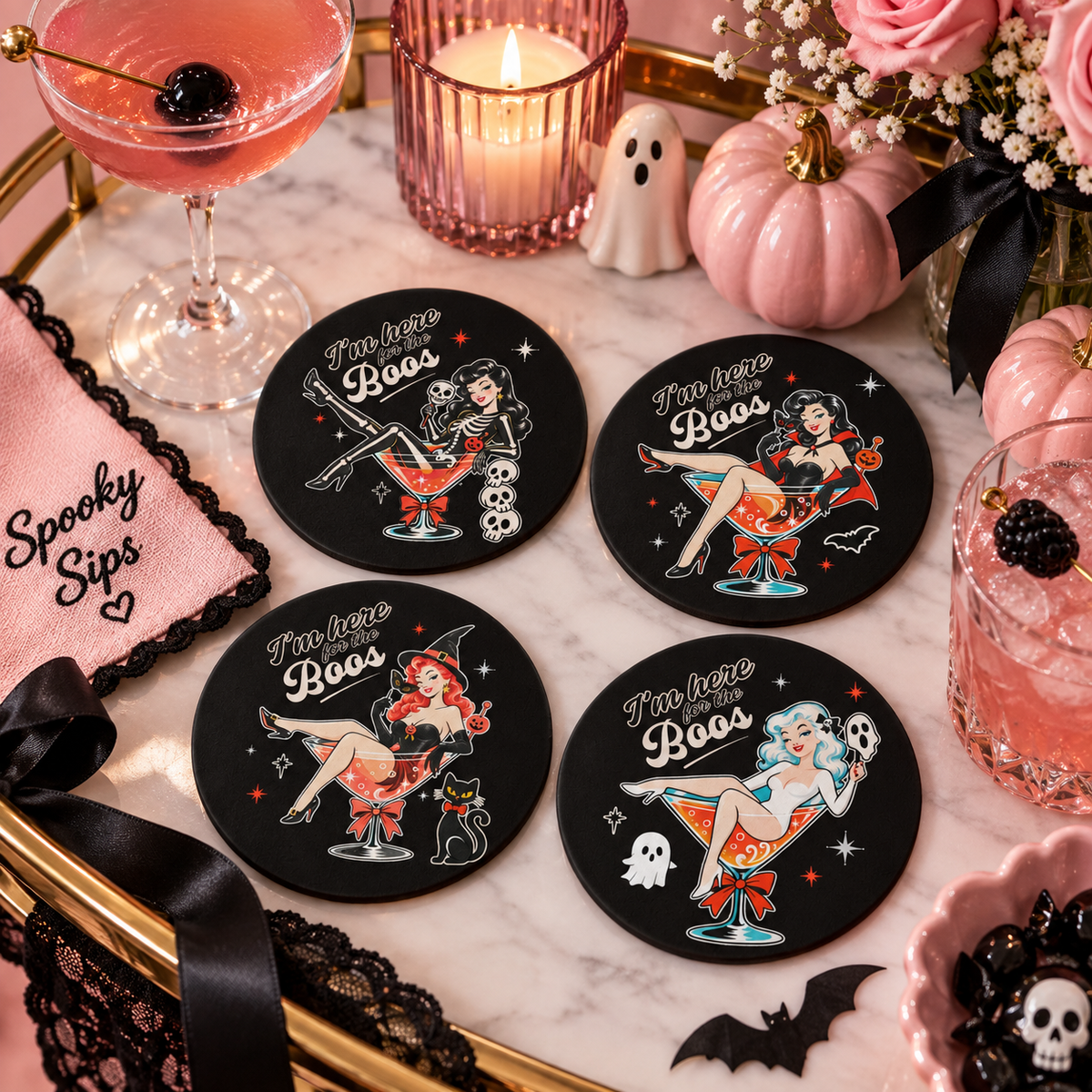 I’m Here for the Boos Halloween Pinup Coaster Set – 4 Ceramic Coasters