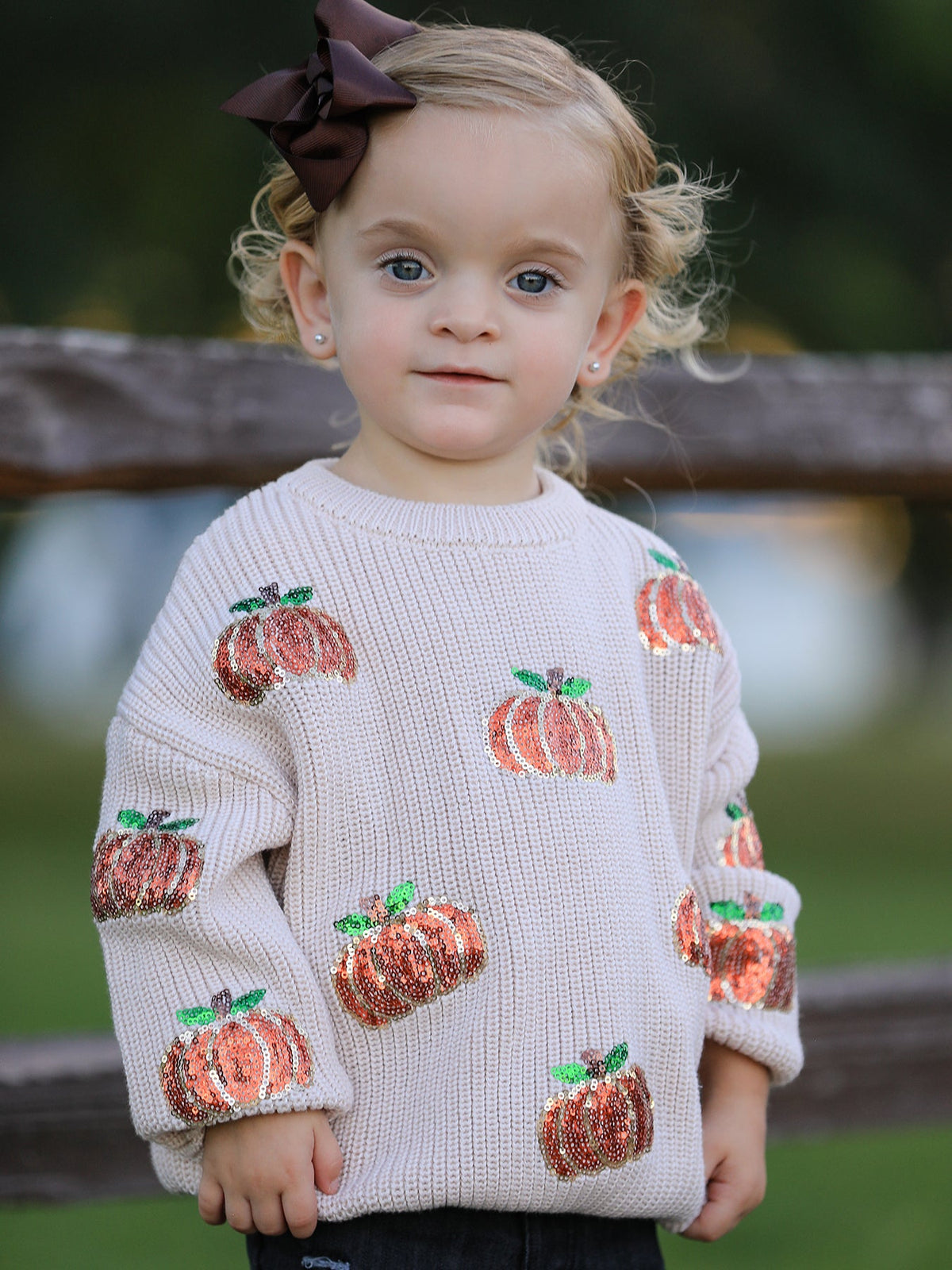 Girls Fall Sweater | Beige Sequin Pumpkins: Model showing front fit