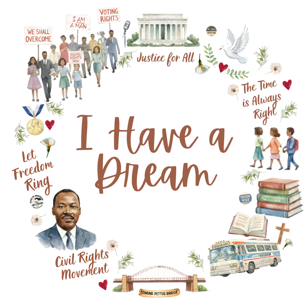 Whippie's vintage-style collage featuring civil rights imagery, Martin Luther King Jr., 'I Have a Dream' quote, and icons of equality and justice.