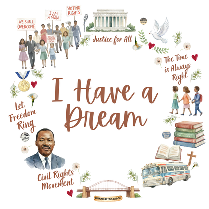 Whippie's vintage-style collage featuring civil rights imagery, Martin Luther King Jr., 'I Have a Dream' quote, and icons of equality and justice.