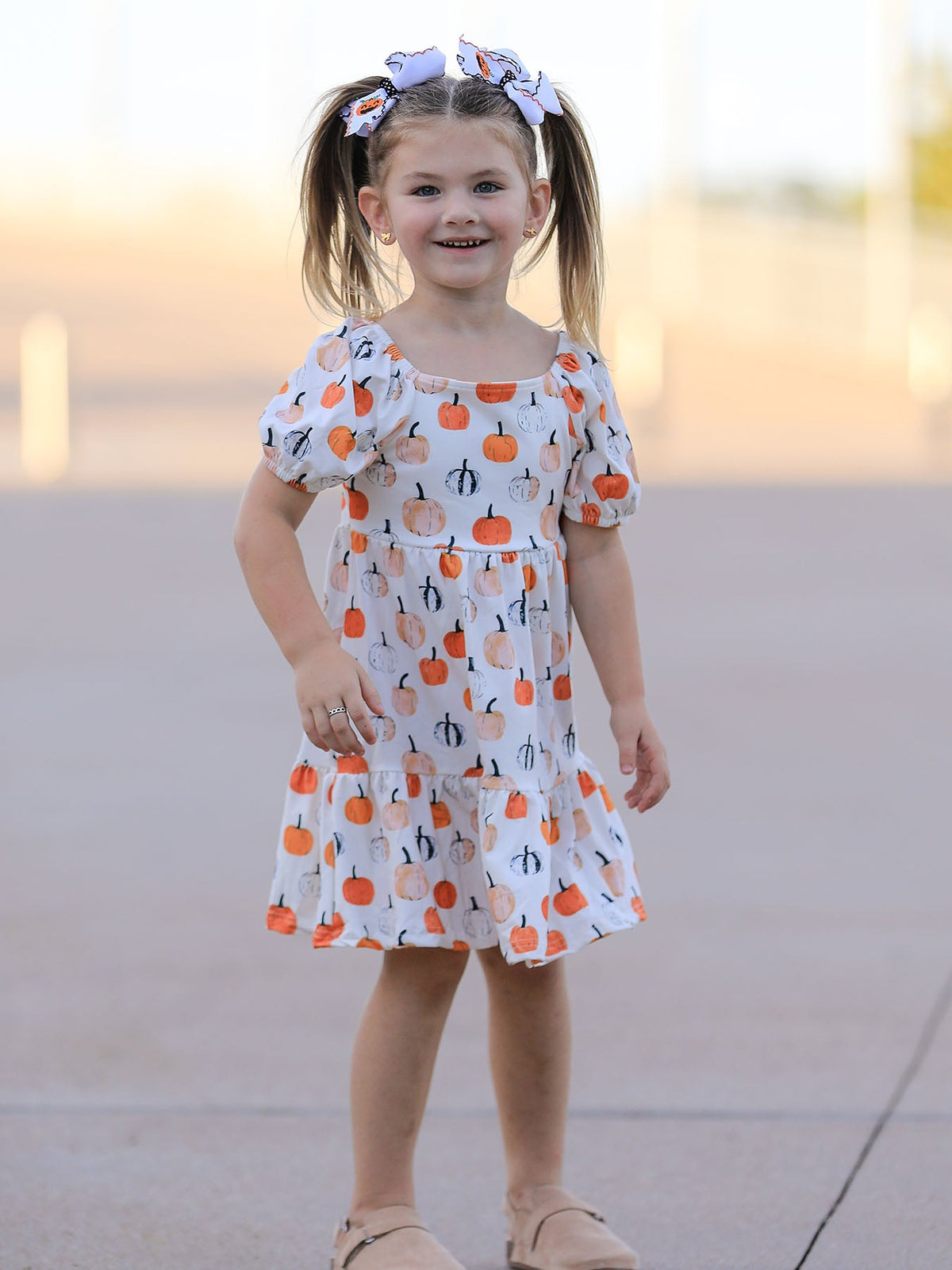 Girls Fall Dress | Pumpkin Puff Sleeves: Front modeled view