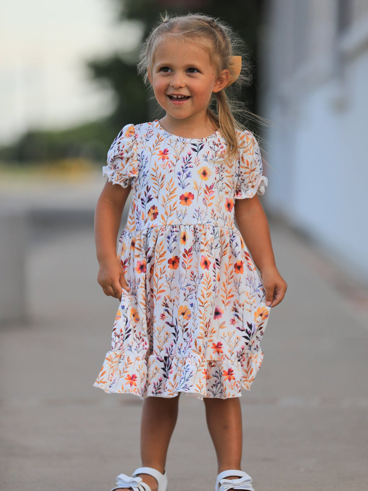 Girls Fall Dress | Floral Puff Sleeve Ruffle: Model standing in floral dress
