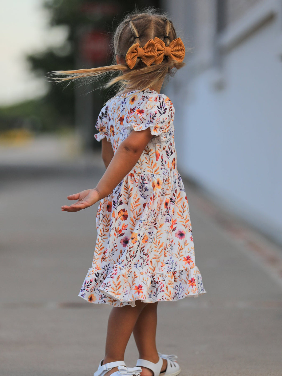Girls Fall Dress | Floral Puff Sleeve Ruffle: Side-back modeled view