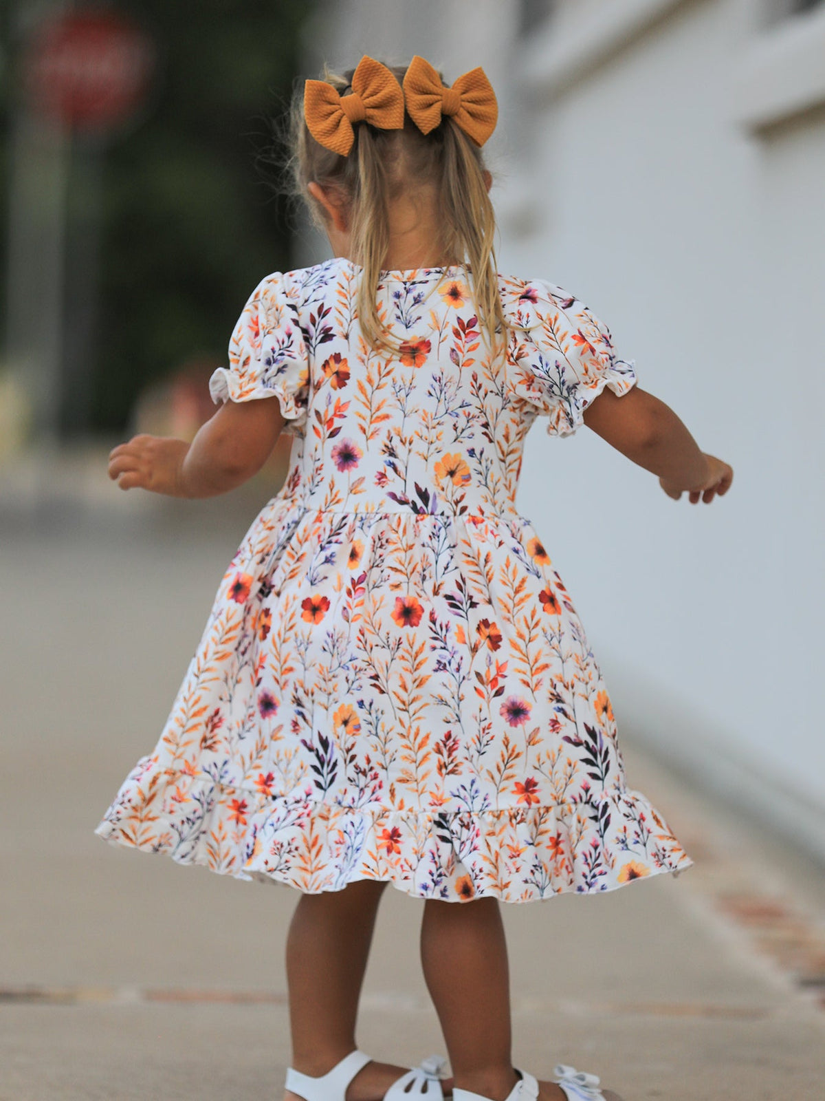 Girls Fall Dress | Floral Puff Sleeve Ruffle: Back modeled view