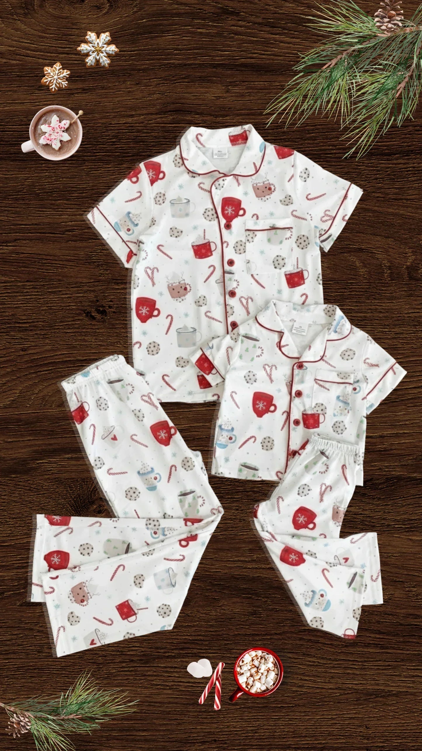 Christmas-themed pajama set with holiday patterns on a wooden surface.