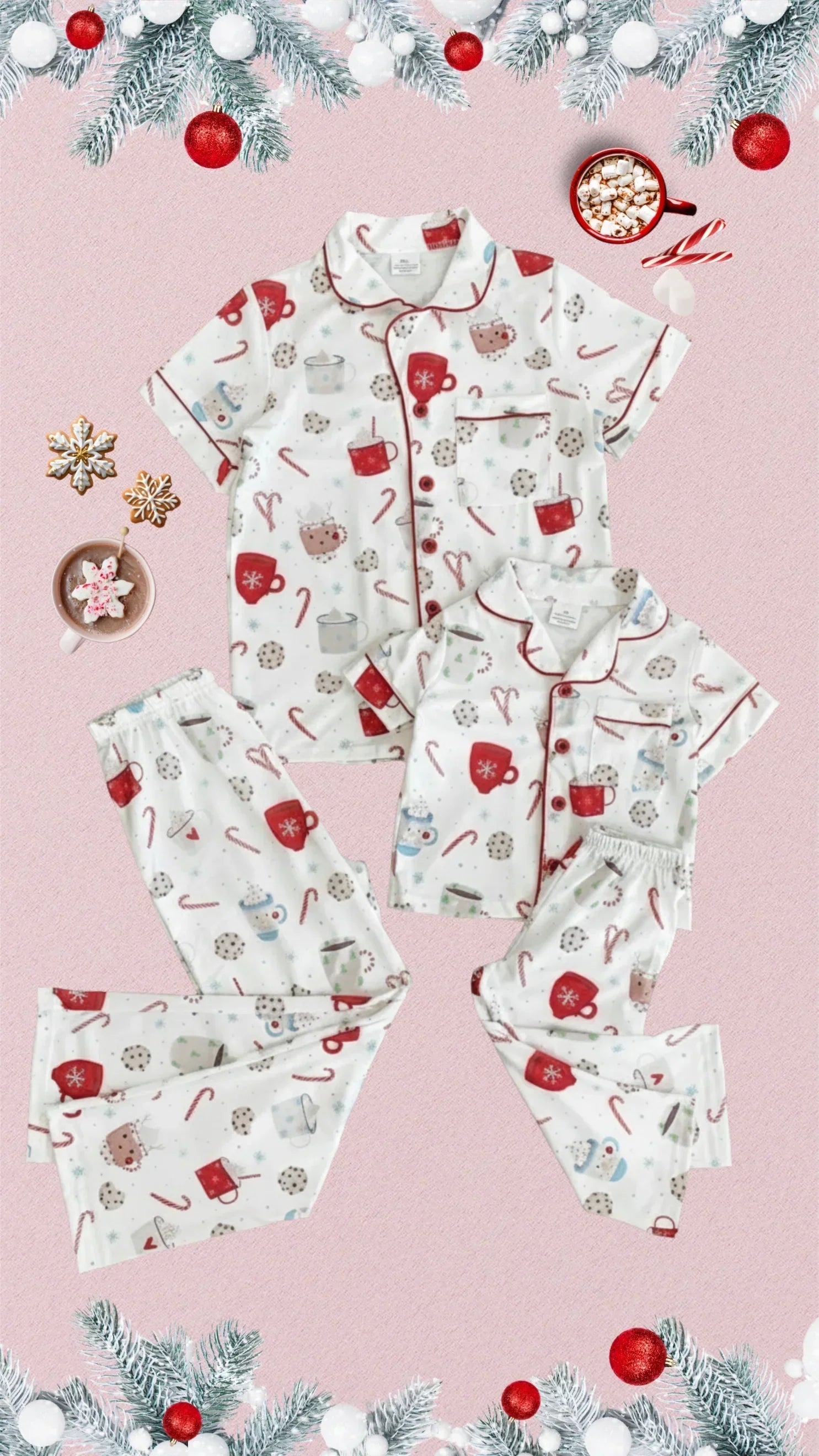 Christmas-themed pajama set with candy cane and candy design on a pink background.