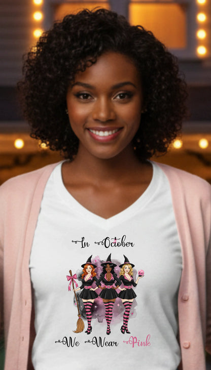 In October We Wear Pink Witches - Breast Cancer Awareness - Deep V-Neck Tee