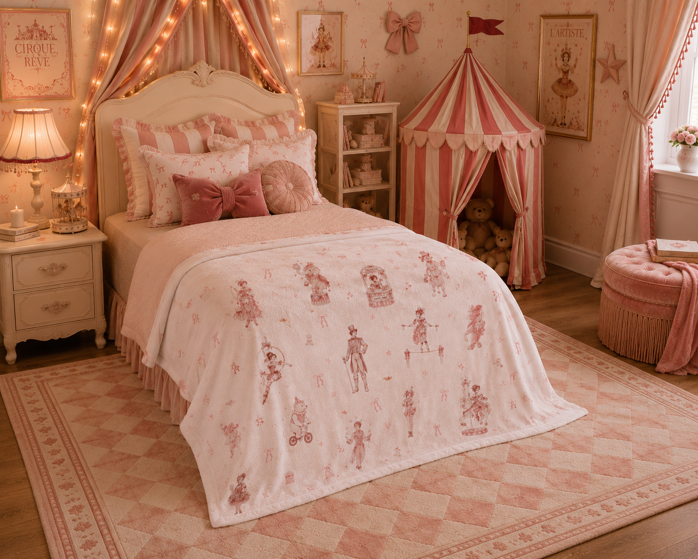 Children's pink coquette circus bedroom with red and pink coquette circus throw blanket and a small tent.