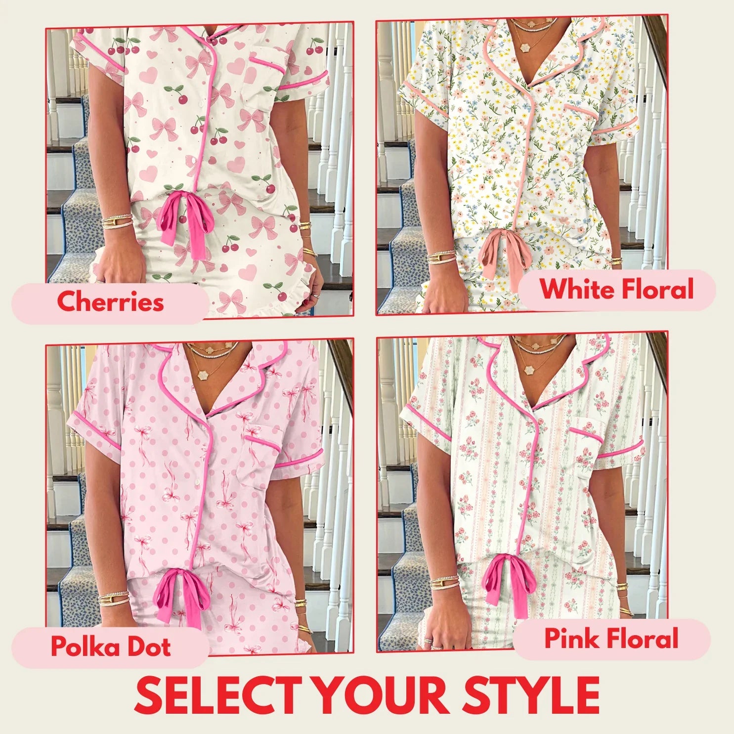 Contrast Piping Cute Pajamas | Cherries, Polka Dot, White Floral, Pink Floral