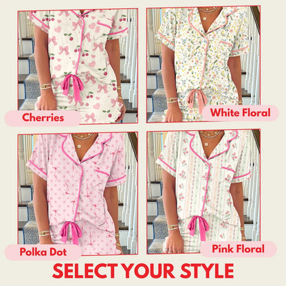 Contrast Piping Cute Pajamas | Cherries, Polka Dot, White Floral, Pink Floral