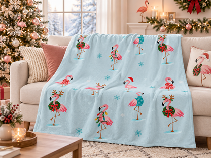 Retro pink Christmas flamingo blanket styled for holiday decor