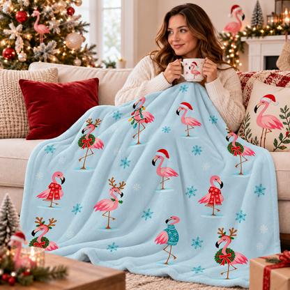 Retro pink Christmas flamingo blanket with festive holiday flamingo pattern