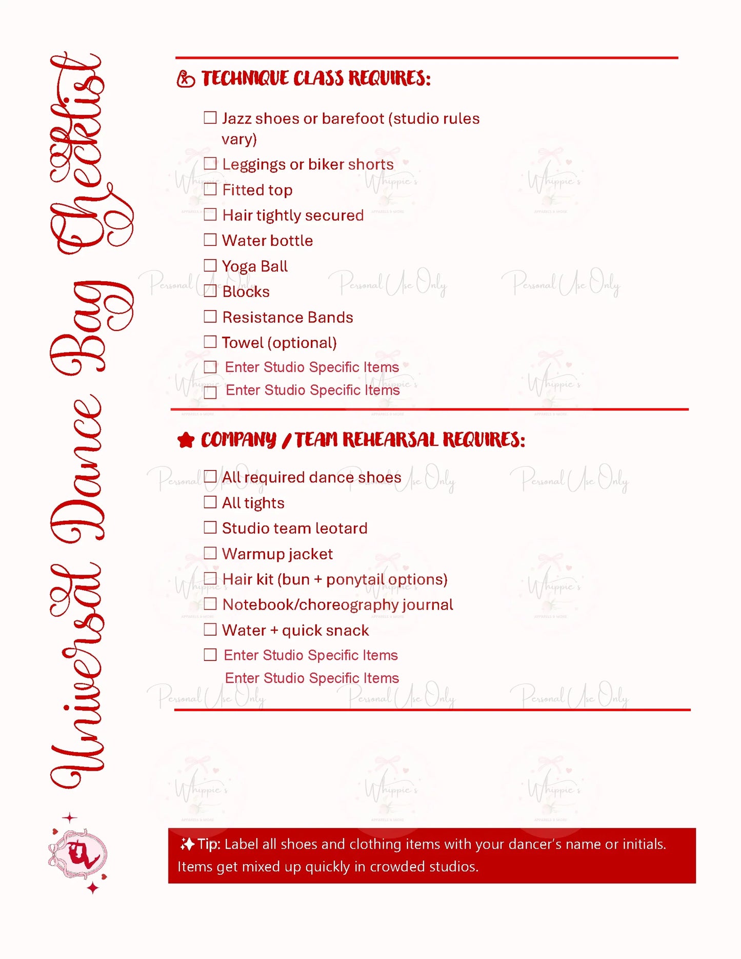 Dance Bag Schedule Bundle (Printable)