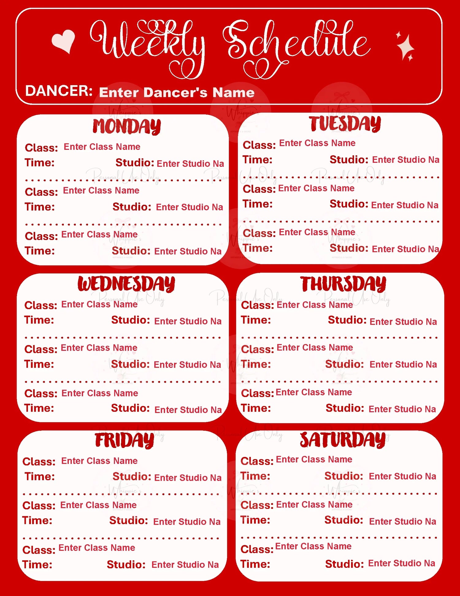 Weekly Dance Class Schedule (Printable)