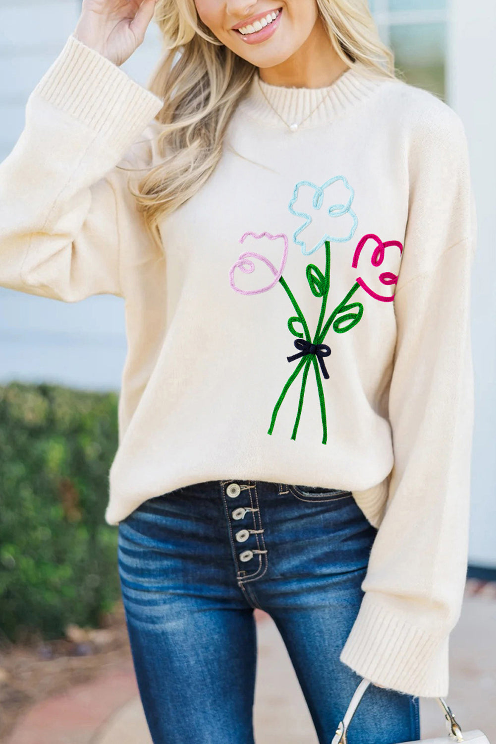 White Embroidered Flower Bouquet Loose Sweater