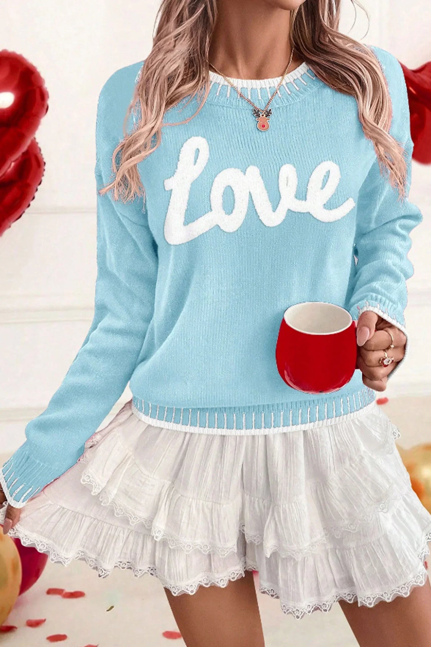 Light Blue Chenille Love Sweater | Valentine Boutique