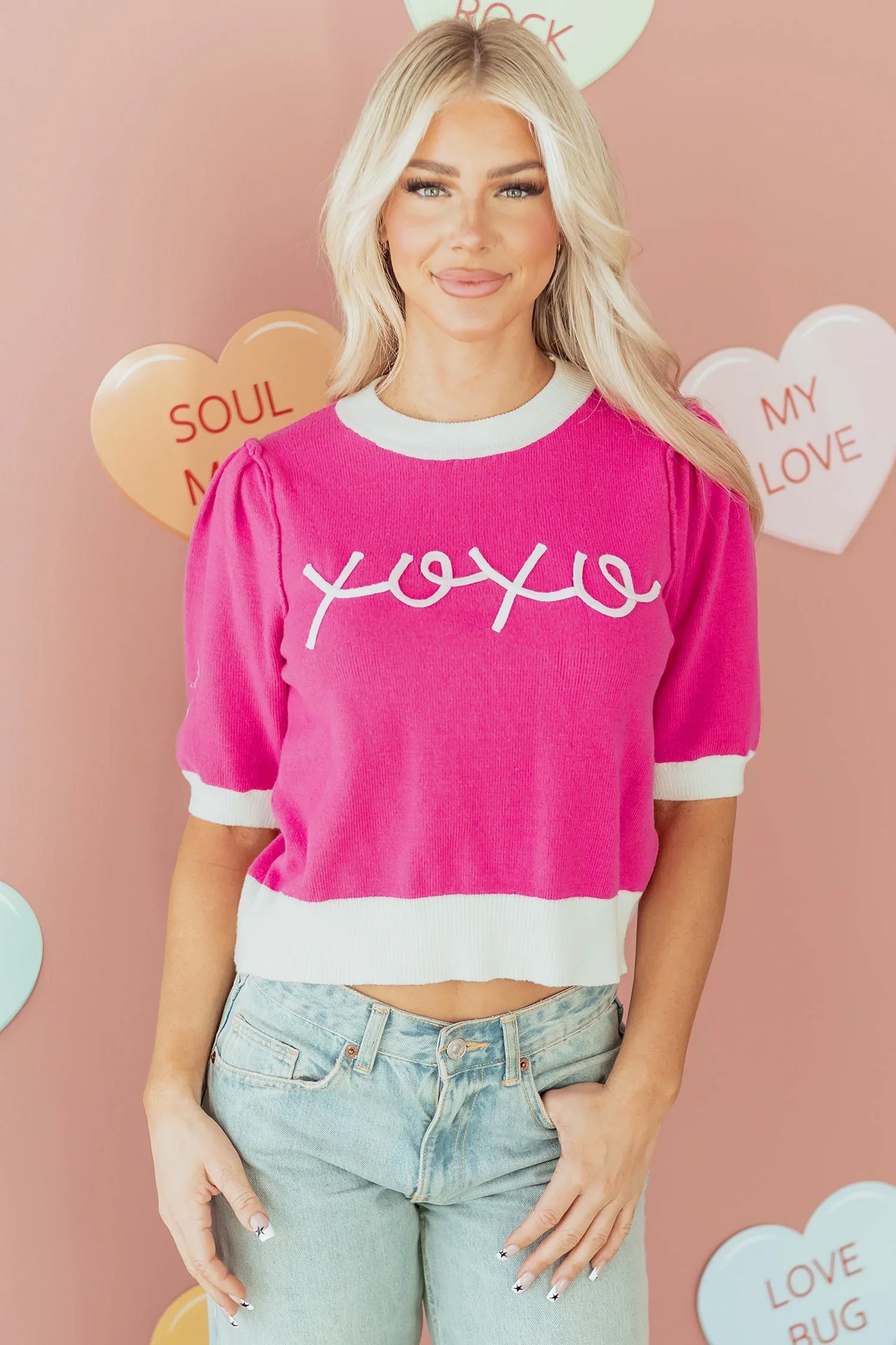 XOXO Sweater – Bright Pink Embroidered Valentine’s Sweater