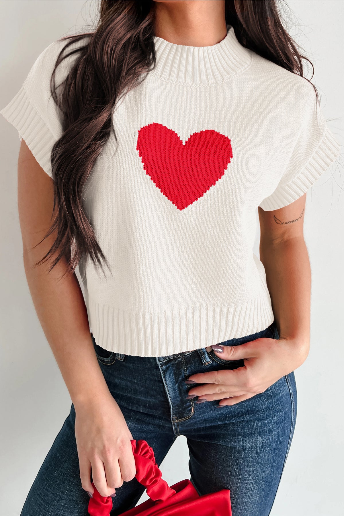 White Valentine's Heart Cropped Short Sleeve Sweater