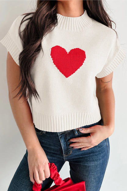 White Valentine's Heart Cropped Short Sleeve Sweater
